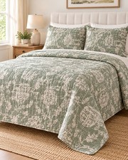 Queen Reversible Sage Green White Floral Microfiber Quilt Set 3 Piece New