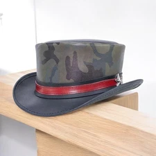Handmade Camouflage Leather Top Hat Red Band Silver Star Cowboy