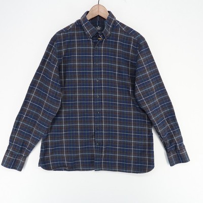Hackett London Flannel Shirt Mens XL Blue Plaid Cotton Elbow Patches Slim Fit