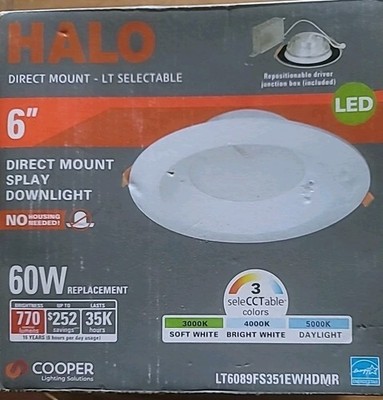 NEW Halo 6'' Direct Mount LT Splay Downlight 60W Select Soft, Bright, Or Daylight