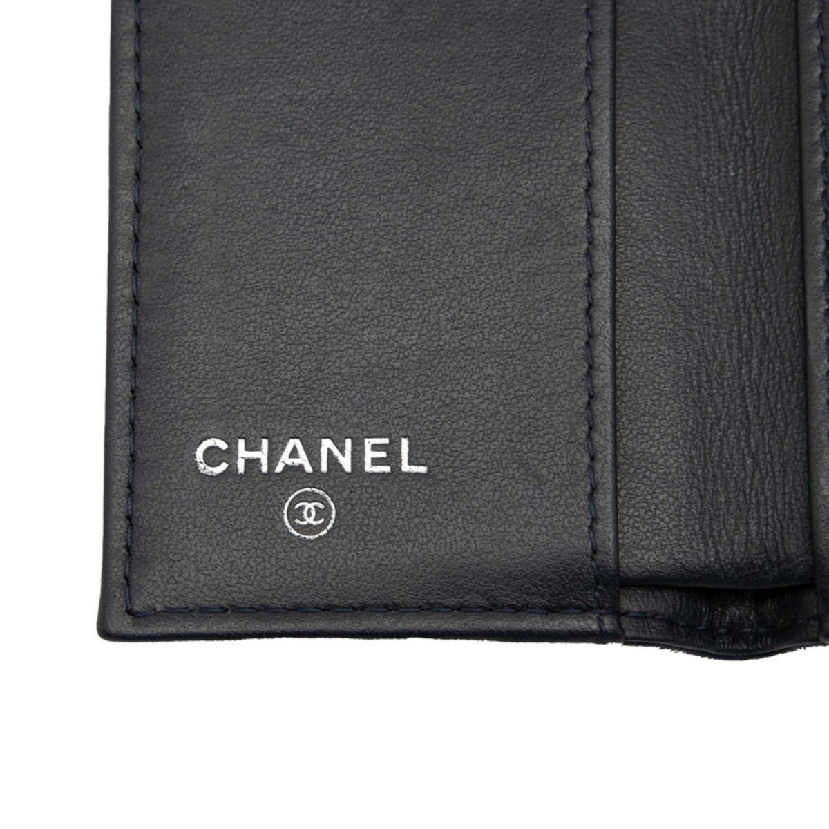 CHANEL Camellia Coco Mark Tri-fold Wallet Navy Leather Women's