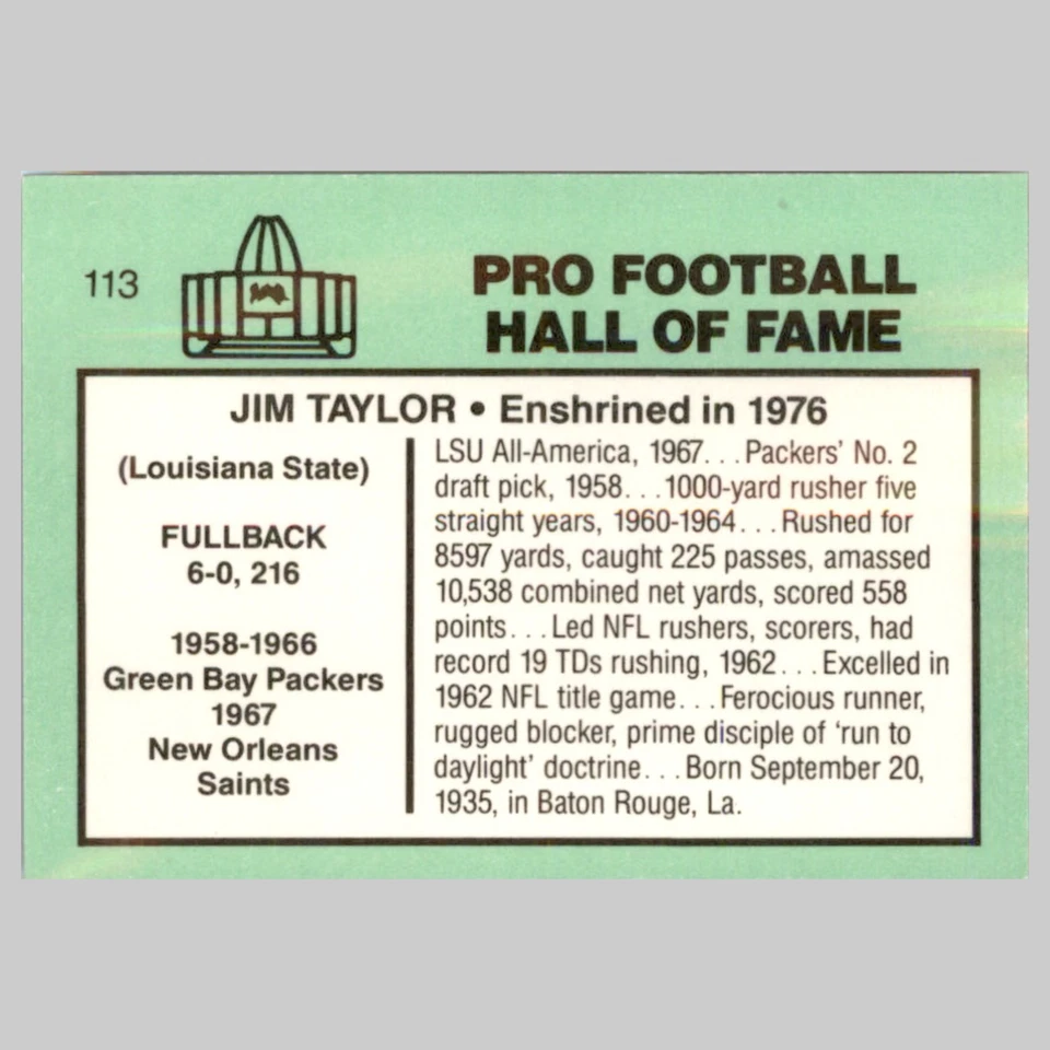 Jim Taylor #113 1985 Football Immortals Green Bay Packers Football Card NFL - Image 2 of 3