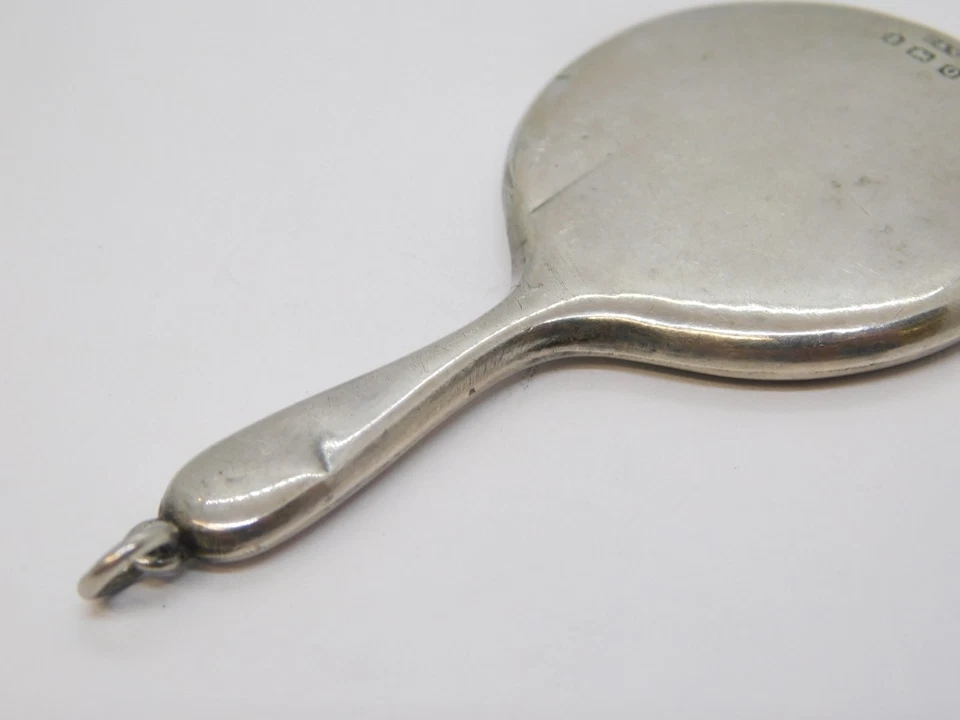 Espelho de mão Chatelaine miniatura prata esterlina antigo 1913 Birmingham Deco - Imagem 3 de 4
