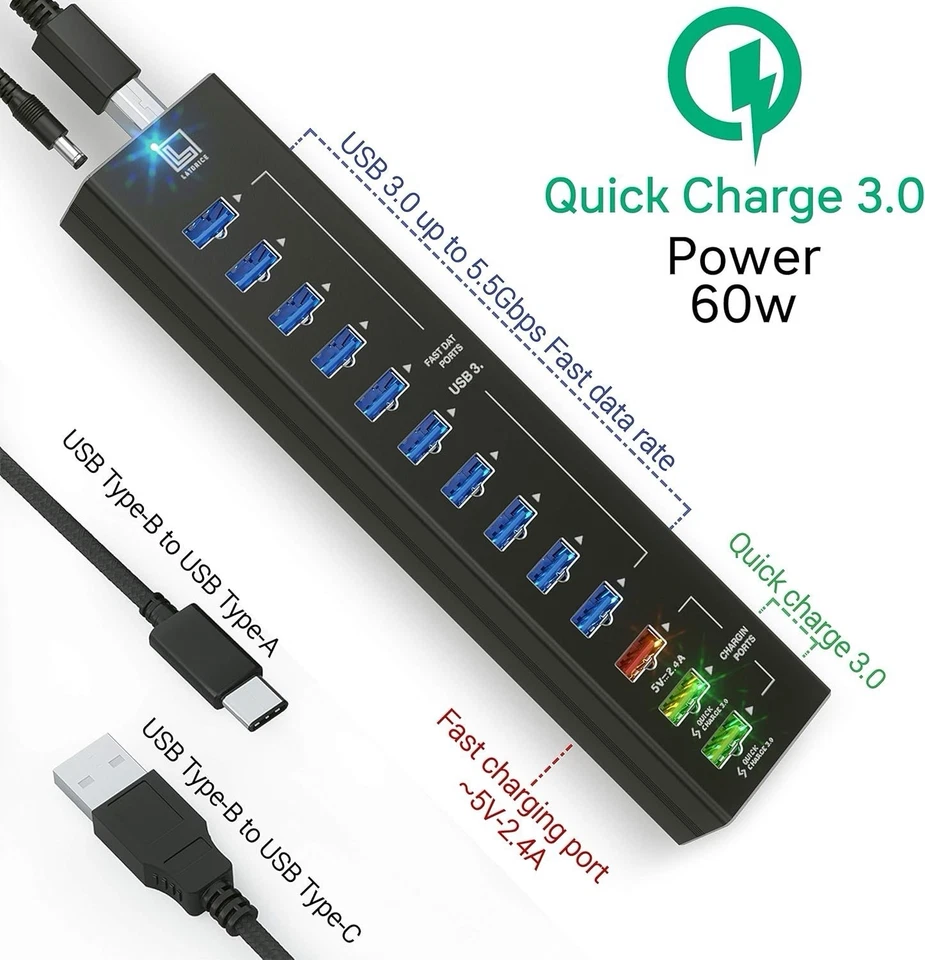 USB Hub Powered, 13 Multi-Port USB Hub with 10 USB 3.0 Ports, 2 IQ Quick Charge  - Image 2 of 4
