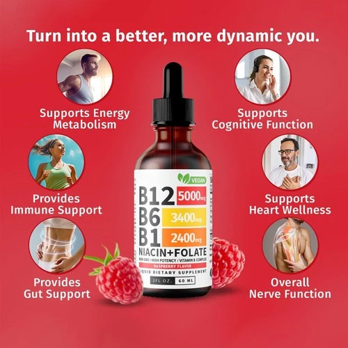 White bottle of B12 and B6 liquid drops with gold text, blue cap, and label showing supplement facts and benefits.