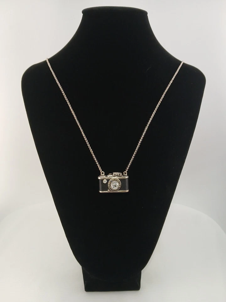 FOSSIL  silvertone clear crystals black leather camera design pendant necklace  - Image 2 of 4