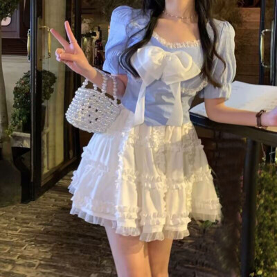 Lolita Women Summer Sweet High Waist A-line Girls Skirts slim Short Tops Blouse