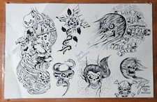 ORIGINAL Vintage 1980's Shop Used Tattoo Flash Production Sheet Johnny Designs