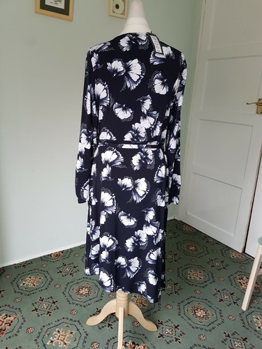 New M & S Ladies Floral Navy Blue Wrap Over Long Sleeve Stretchy Dress Size 14 - Picture 6 of 10