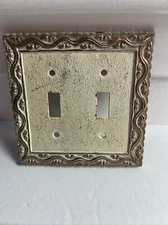 Vintage Heavy Floral Edged Gold White Double Switch Plate Cover - Metal