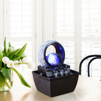 Mini Water Fountain Waterfall Desktop Table Decor LED Light Home Ornament