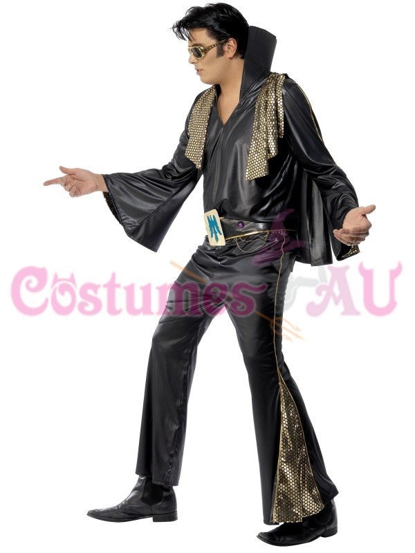 Mens Elvis Presley Black Gold Costume Rock and Roll 50s 1950s Rock n