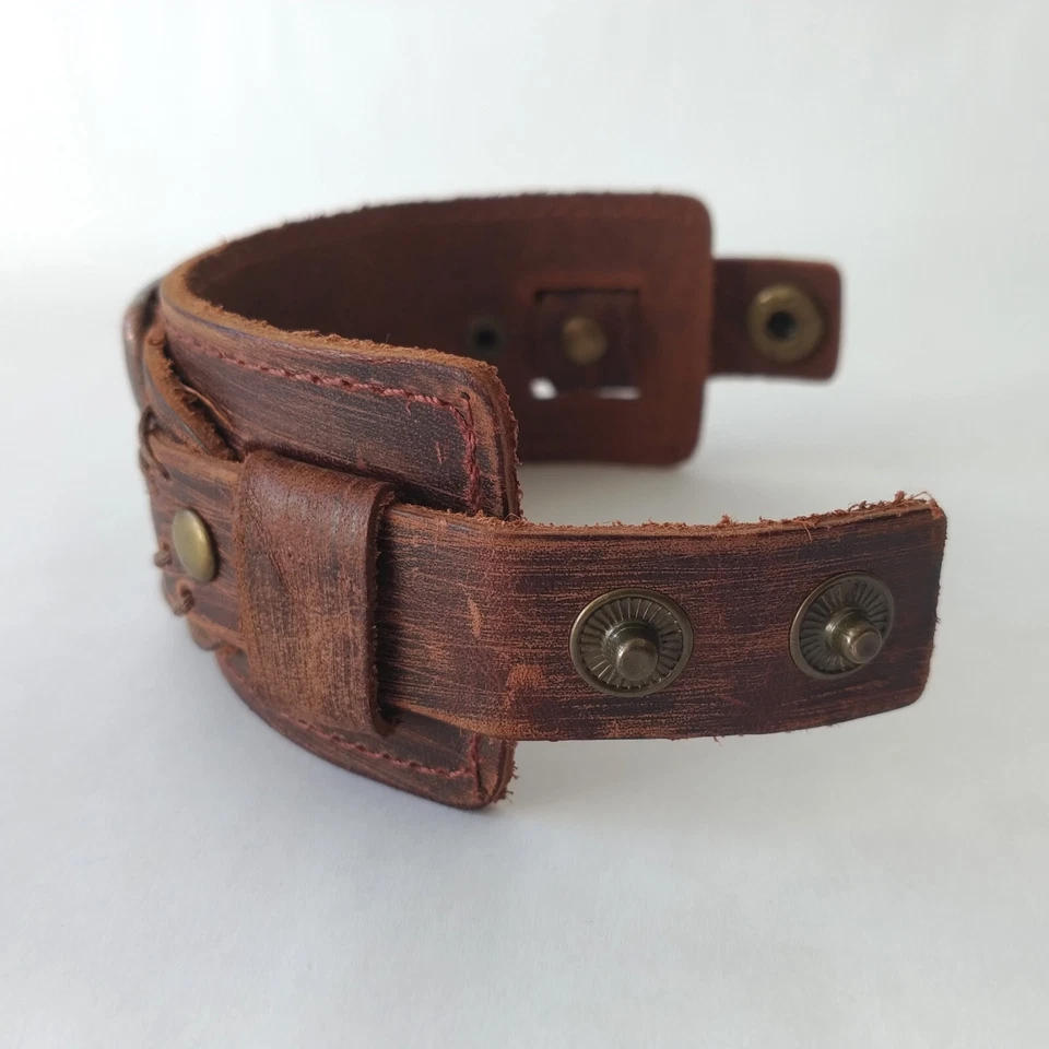 Signed  Genuine Leather Stamped Copper Leaf Tag Bracelet Handmade Statement - Image 4 of 4