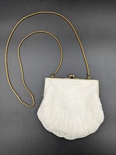 Vintage Shell Motif Ivory Colored Beaded Evening Bag w/ Long Gold Tone Chain