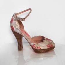 6M Betsey Johnson Pink Shiny Foil Floral Peep Toe Ankle Strap Platform Hi Heels