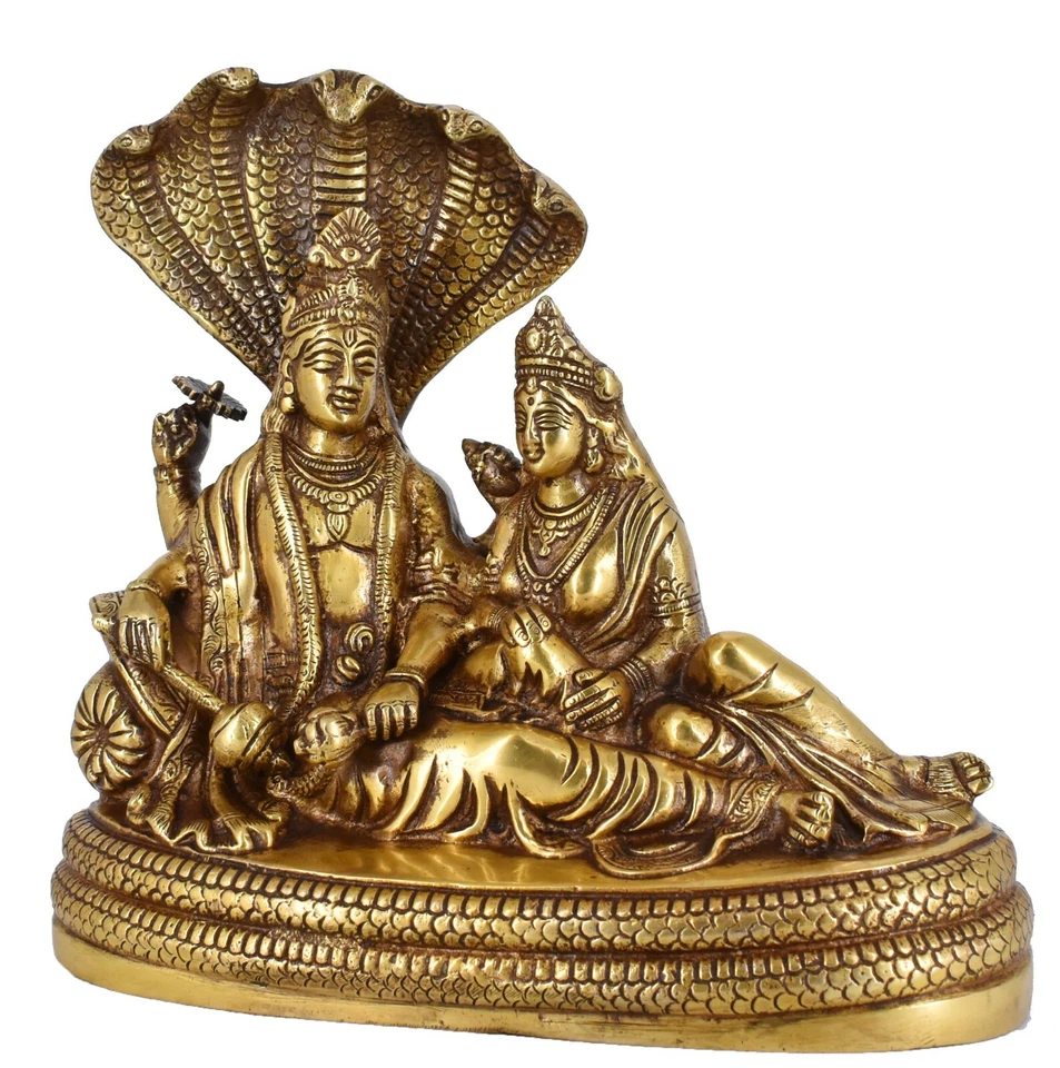 Señor Ballena Blanca Vishnu con Lakshmi Descanso Sobre Shesha Naag Estatua de Latón Ídolo Foto 3 de 4