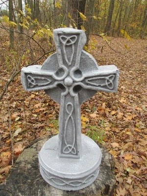 12" Tall Cement Celtic Cross Garden Art Statue Concrete Antiqued Grey