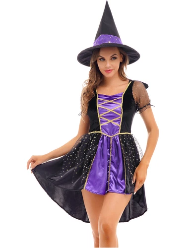 Women's Halloween Wicked Witch Theme Cosplay Costume Outfit Purple Classic Dress - Imagen 14 de 45