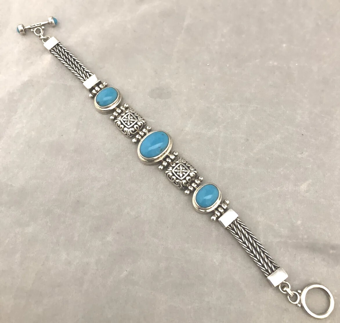 Solid Sterling Silver Engraved Carved Beaded Turq… - image 3