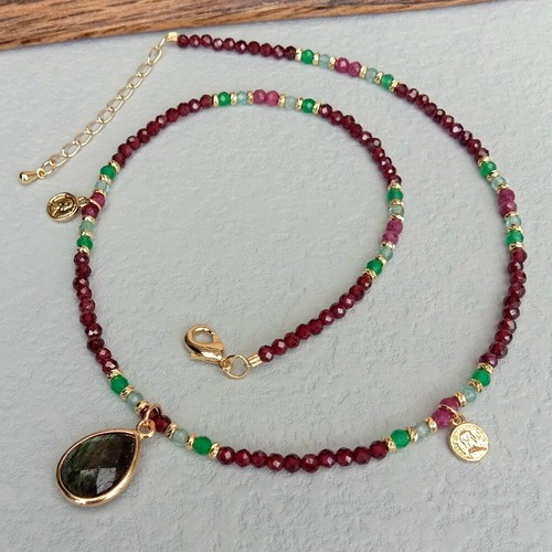 Garnet Agate Ruby 3mm Natural Gemstone Necklace Handmade Choker Labradorite - Picture 4 of 6