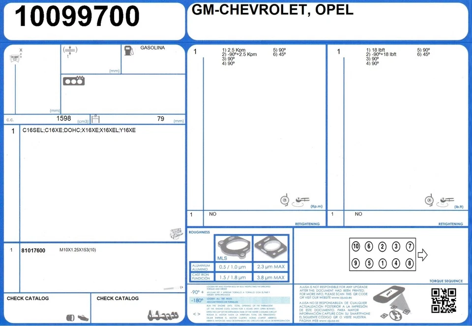 Conjunto de juntas de reconstrucción completa del motor GM-CHEVROLET TIGRA 16V 1.6 Y16XE (1999-) Foto 2 de 2
