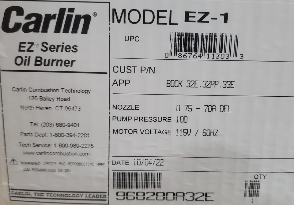 Carlin EZ1 Burner for Bock 32E 32PP 33E Oil Water Heater 968280A32E w/EZTEMP eBay