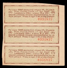Sheet of Three Coupons From a 10000 Mark Polish 1920 5% Bond
