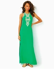 NWT LILLY Pulitzer Taylane Embroidered Maxi Shift Dress Kelly Green Gold Sz 8