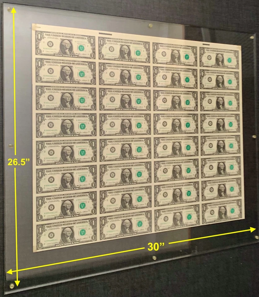 1985 Series Uncut Sheet of 32, $1 ONE DOLLAR BILLS *FRAMED IN PLEXIGLASS* FRB NY - Image 3 of 4