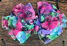 Vintage 1980s / 90s Floral Chiffon Hair Bow Barrette Clip