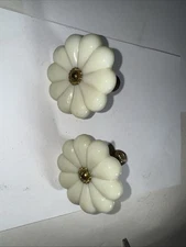 Pair of Vintage WHITE GLASS FLOWER TIE BACKS, Screw to Wall