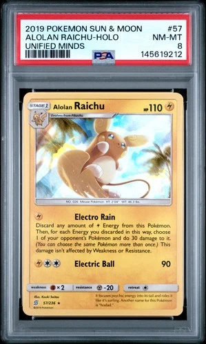 2019 POKEMON SUN & MOON UNIFIED MINDS #57 ALOLAN RAICHU-HOLO PSA 8