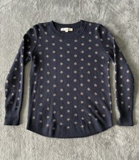 LOFT Women's Crew Neck Pullover Sweater Wool Blend Navy Blue Polka Dot Size XS