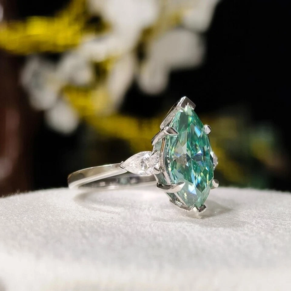 Anillo solitario de diamantes azules talla marquesa certificado plata 925 de 2,10 quilates - tratado Foto 2 de 4