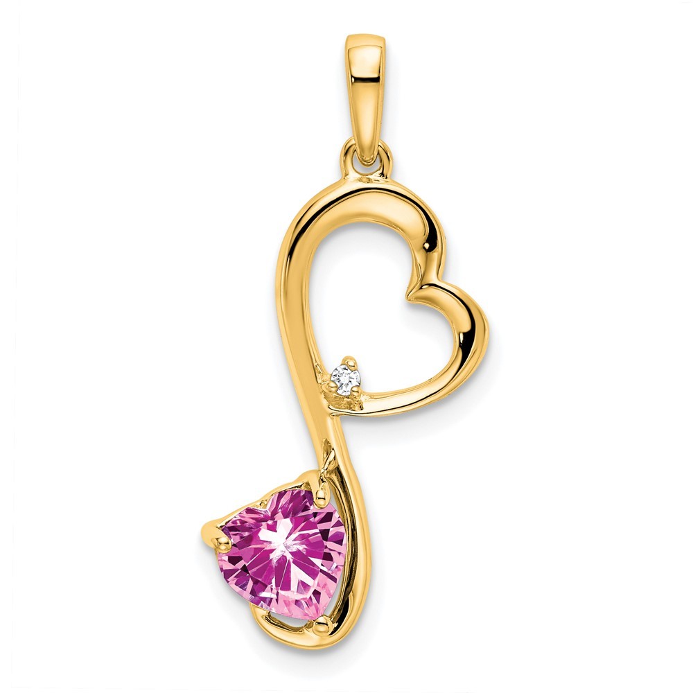 14k Yellow Gold Lab Created Pink Sapphire and Diamond Heart Pendant 1.28gm