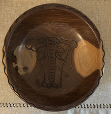 Decorative Intricately Hand Carved Wood Bowl Elephant  Other Animals Dk Lt Wood