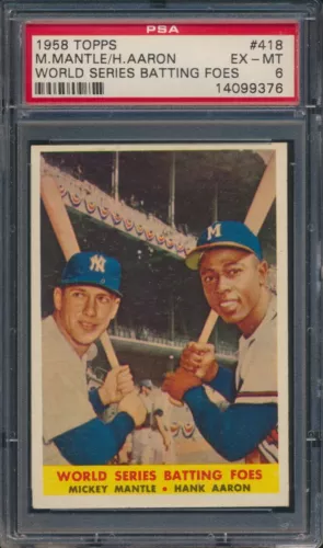 1958 TOPPS BASEBALL #418 MICKEY MANTLE/AARON W.S. BATTING FOES PSA 6 EX-MT HOF