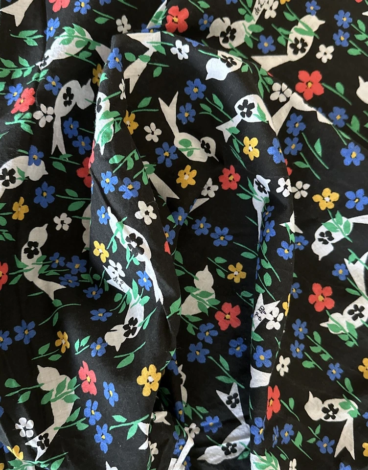 1983 "de Lanthe Creations" tela de lino de algodón negro pájaros flores W44”xL3 yardas Foto 4 de 4