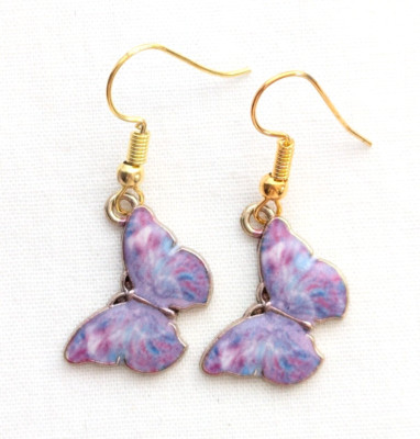 Butterfly Pierced Dangle Earrings Purple Enamel Dainty Insect Bug Jewelry Gift