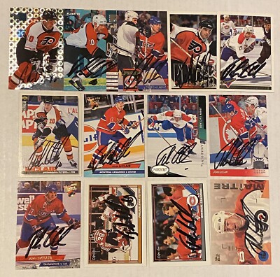 Lot of 13 Different John LeClair Signed Cards - Canadiens - Flyers