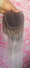 100 24INCHES razilian Human Hair Straight Lace Closure 1B/GREY LITTLE ROOT 4X4