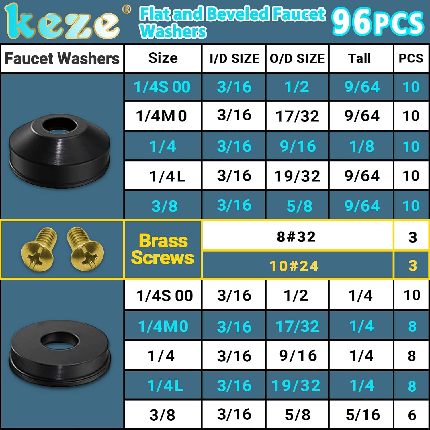 KEZE 96 PCS 10 Size Faucet Washers Assorted Kit with Brass Bibb Screws