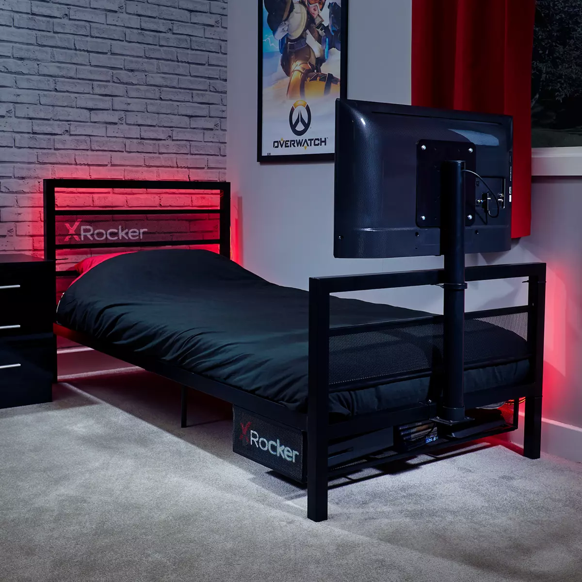 X ROCKER Basecamp Single 3ft Gaming Bed Frame TV Mount Metal Storage Shelf BLACK