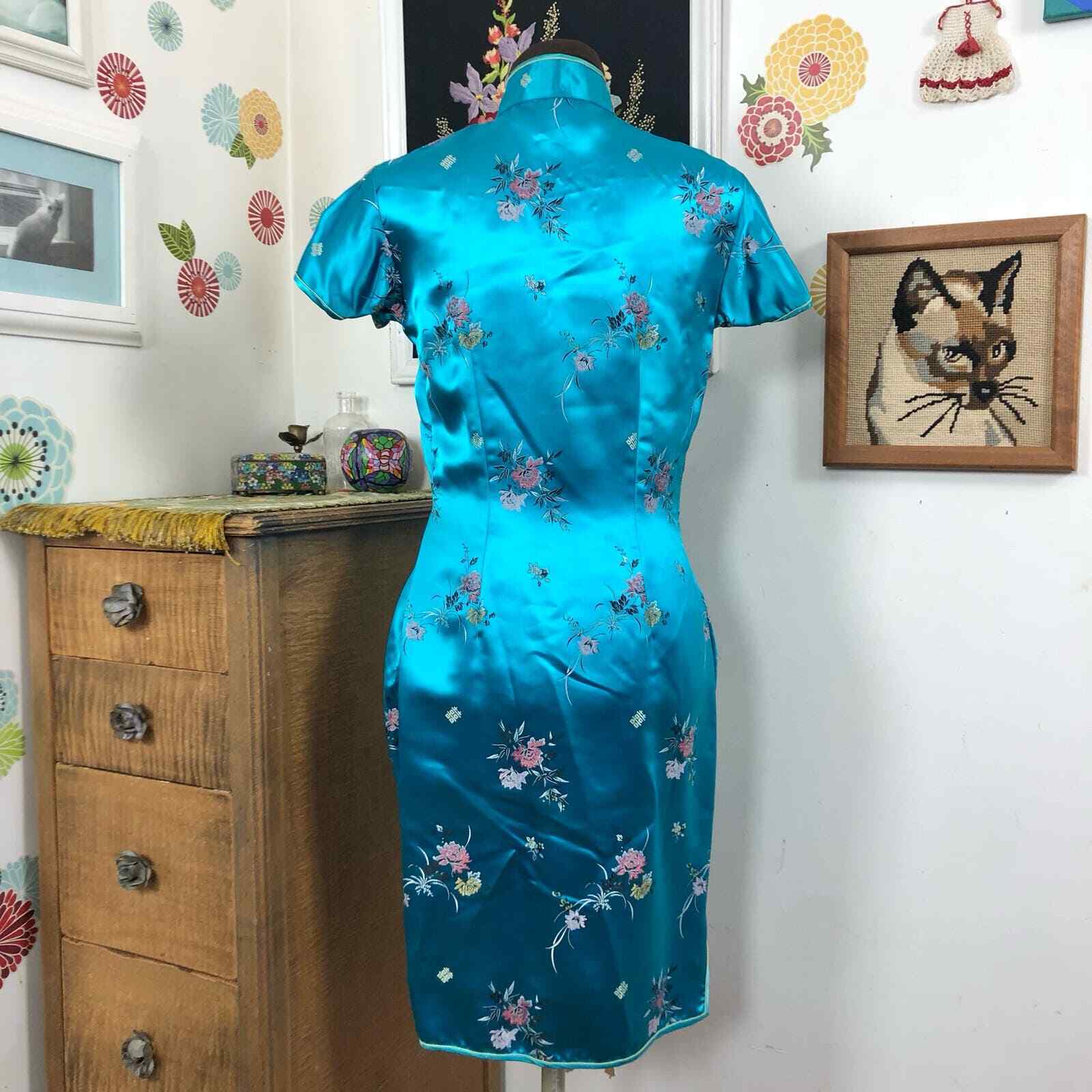 Vintage Cheongsam Dress, 1970s Aqua Satin Embroid… - image 4