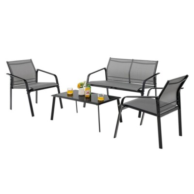 4PCS Patio Outdoor Furniture Set Loveseat w/Heavy-Duty Steel Frame &Coffee Table