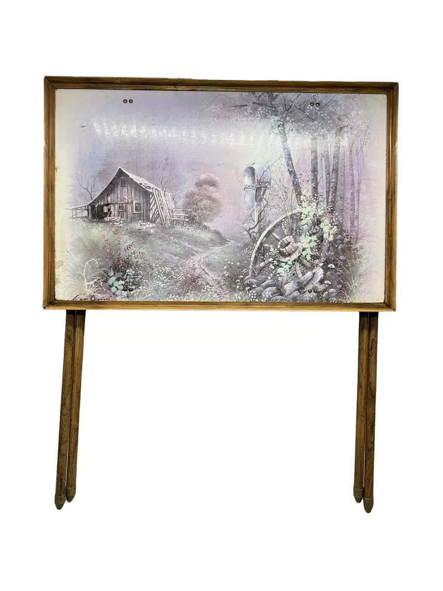 vintage tv trays set of 4 tray top painting farmhouse barn mailbox READ
