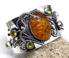 925 Sterling Silver Baltic Amber & Citrine Gemstone Jewelry Cuff Bracelet Sz-ADJ