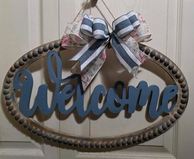 Wooded Beaded Welcome Sign adorn with a bow can personalize colors