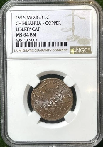 1915 Chihuahua, Mexico Copper Liberty Cap 5 Centavos NGC MS 64 BN
