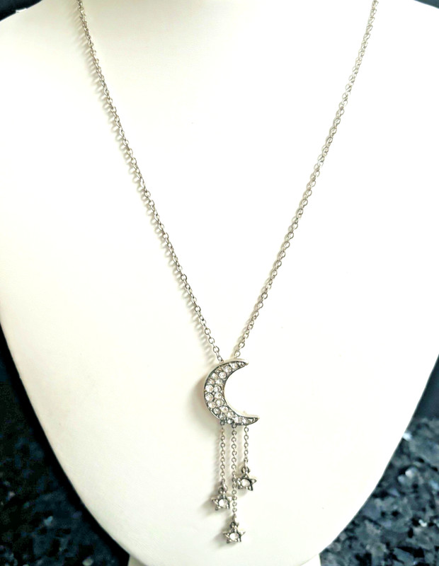 Cookie Lee Necklace Silvertone Moon Star Crystal Pendant 15-18"  Sparkle Y Drop